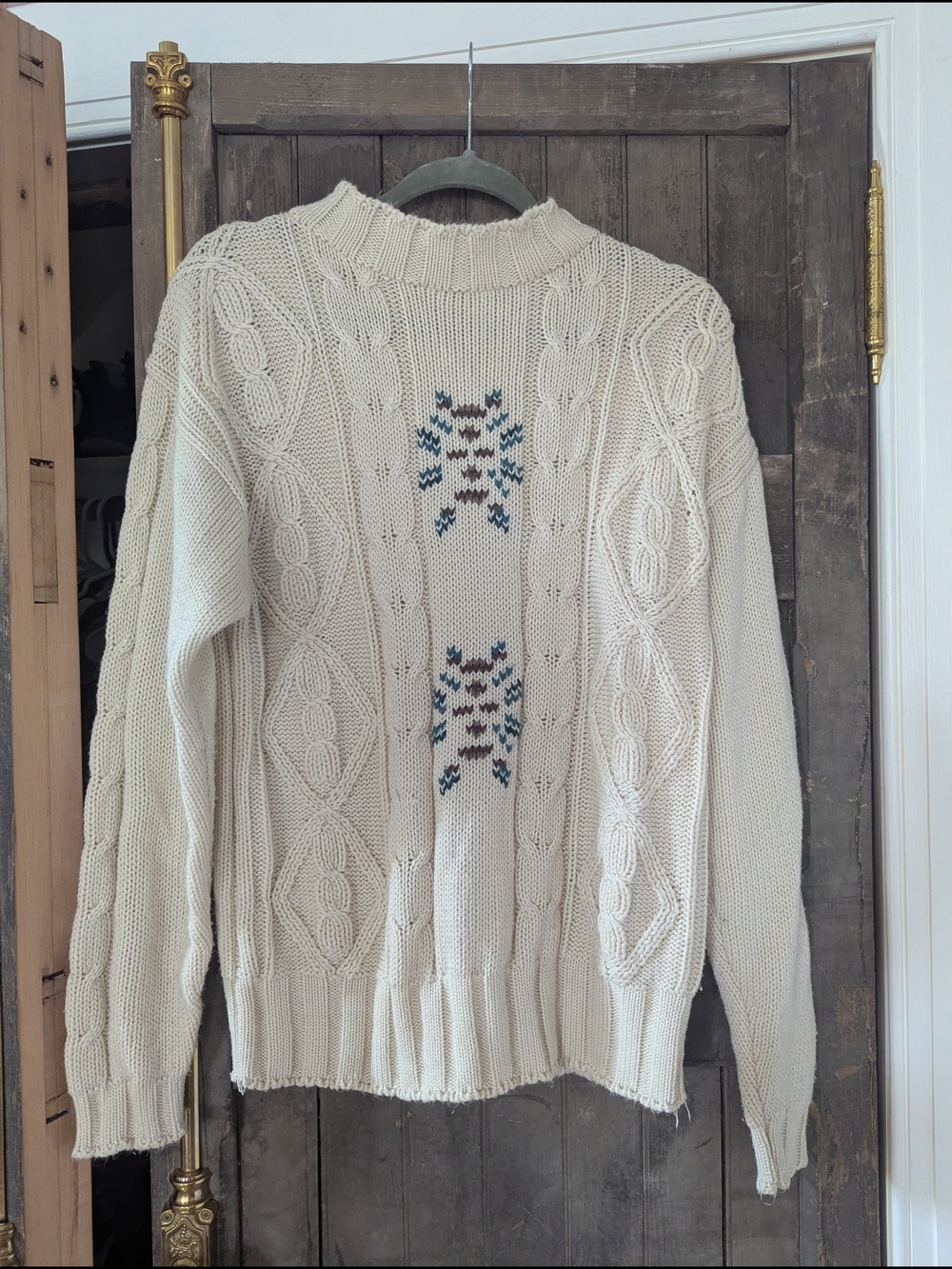 Vintage Cream Cable Knit Sweater with Blue Accent - Women